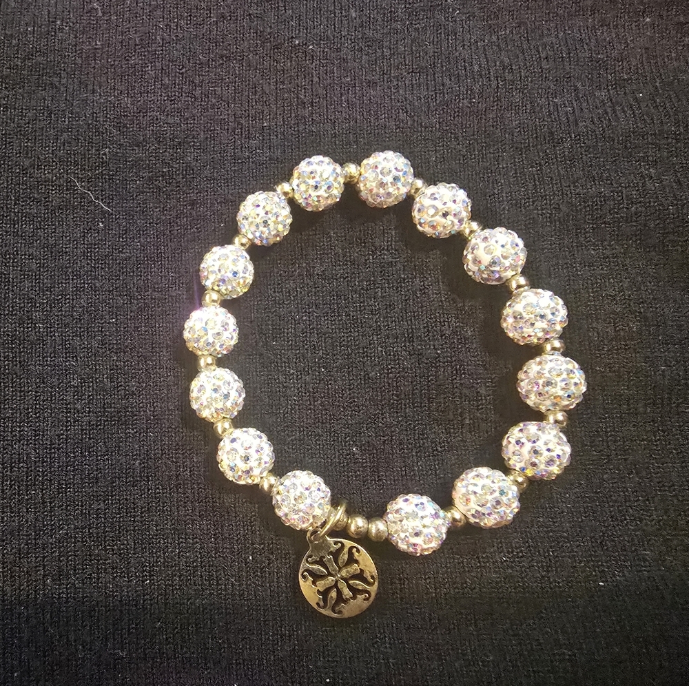 Rustic Cuff Gold and Iridescent Crystal Beaded Stretch Bracelet